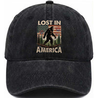 Funny 4th Of July Bigfoot Lost In America Washed Cotton Baseball Cap Patriotic Sasquatch US Flag Fireworks