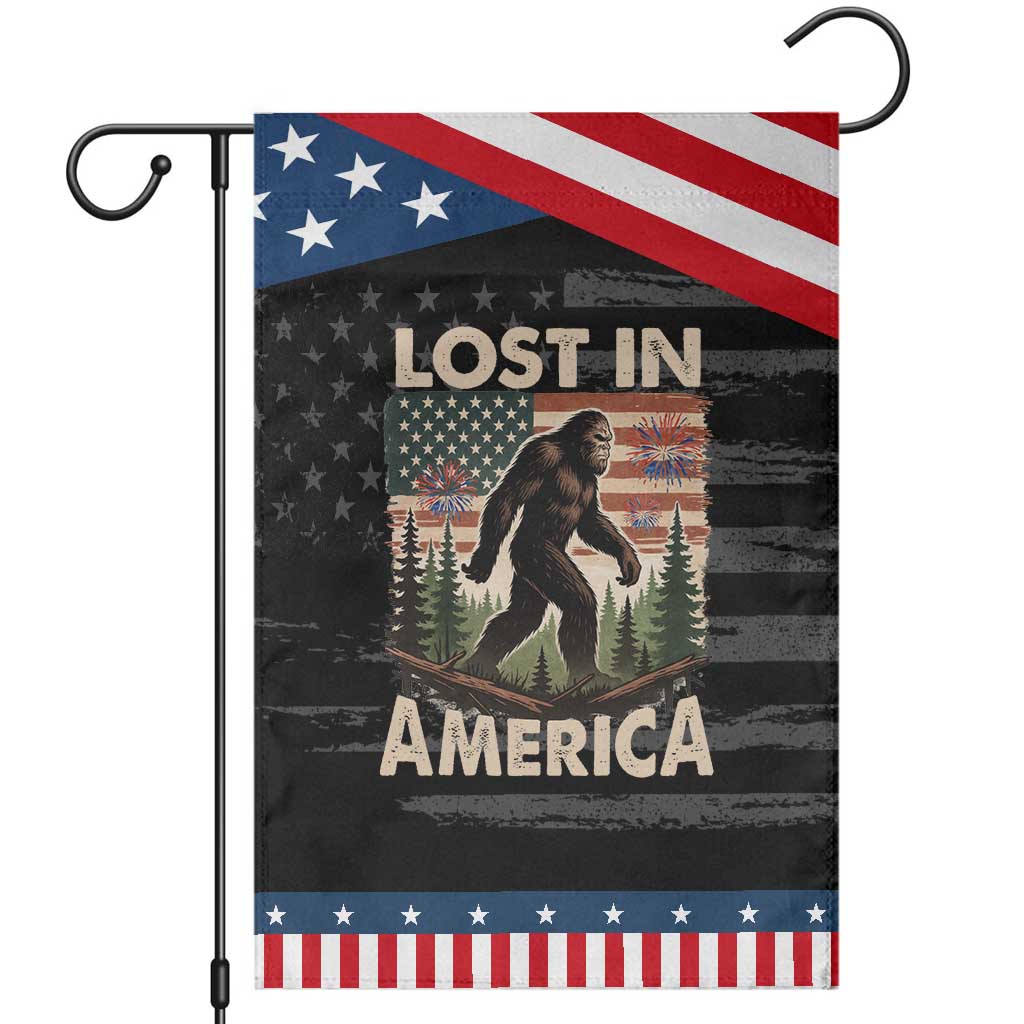 Funny 4th Of July Bigfoot Lost In America Garden Flag Patriotic Sasquatch US Flag Fireworks