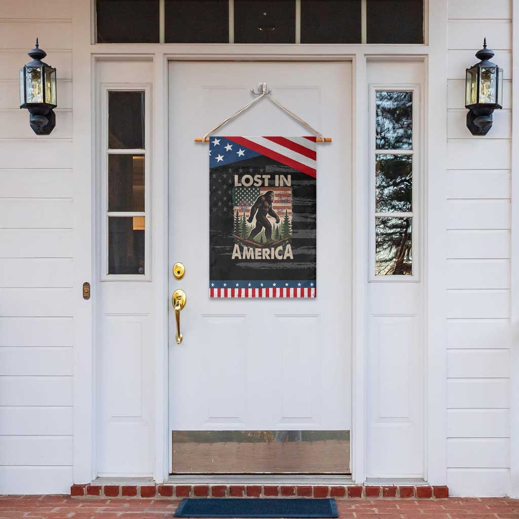 Funny 4th Of July Bigfoot Lost In America Garden Flag Patriotic Sasquatch US Flag Fireworks