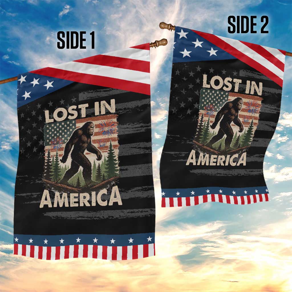 Funny 4th Of July Bigfoot Lost In America Garden Flag Patriotic Sasquatch US Flag Fireworks