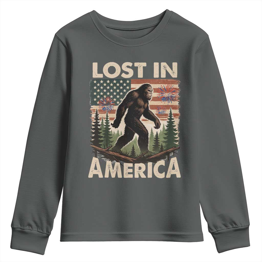 Funny 4th Of July Bigfoot Lost In America Youth Sweatshirt Patriotic Sasquatch US Flag Fireworks - Wonder Print Shop