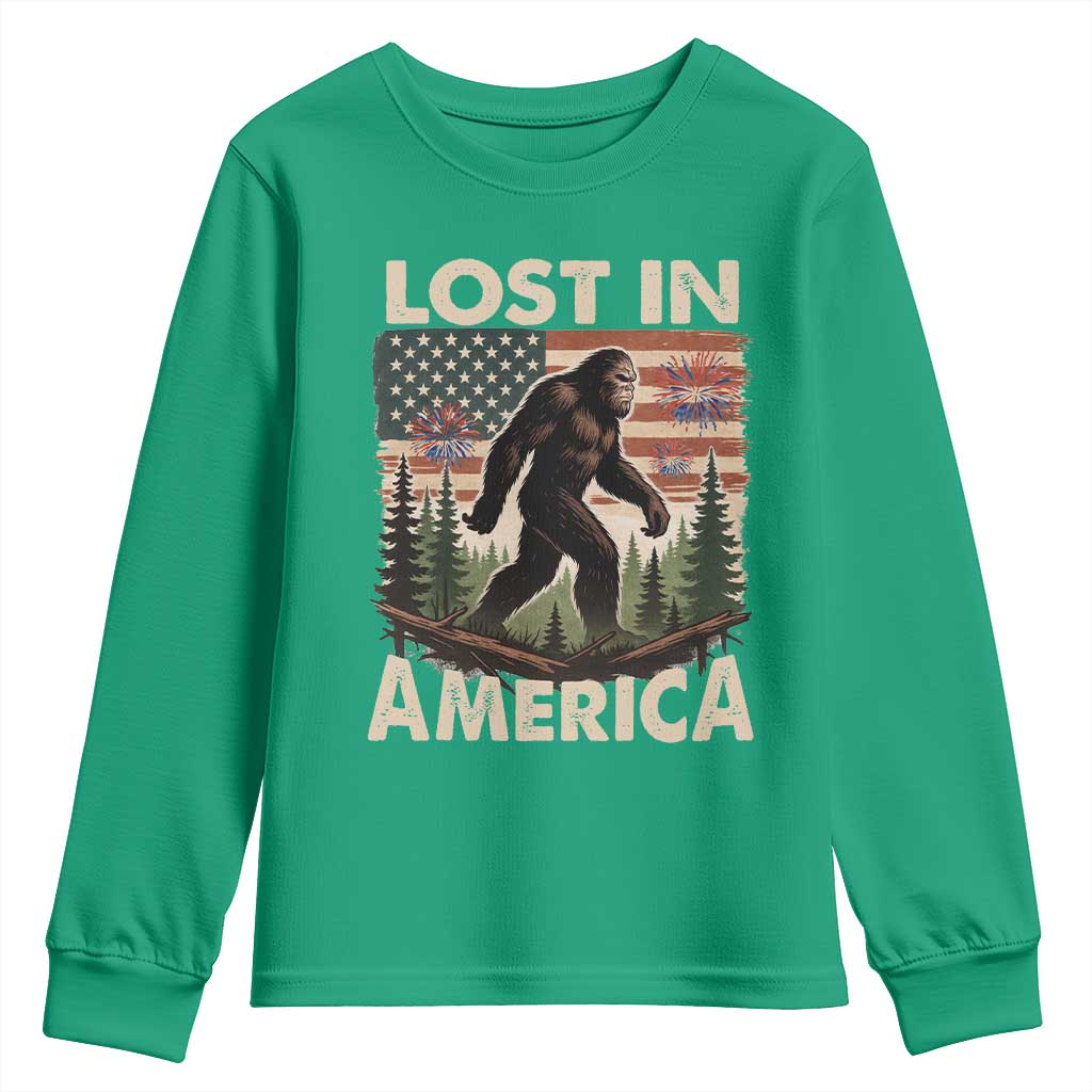 Funny 4th Of July Bigfoot Lost In America Youth Sweatshirt Patriotic Sasquatch US Flag Fireworks - Wonder Print Shop
