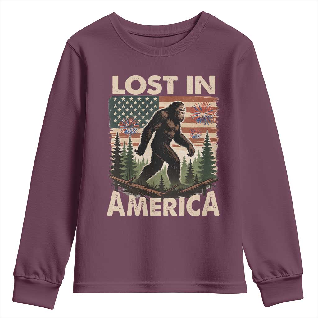 Funny 4th Of July Bigfoot Lost In America Youth Sweatshirt Patriotic Sasquatch US Flag Fireworks - Wonder Print Shop