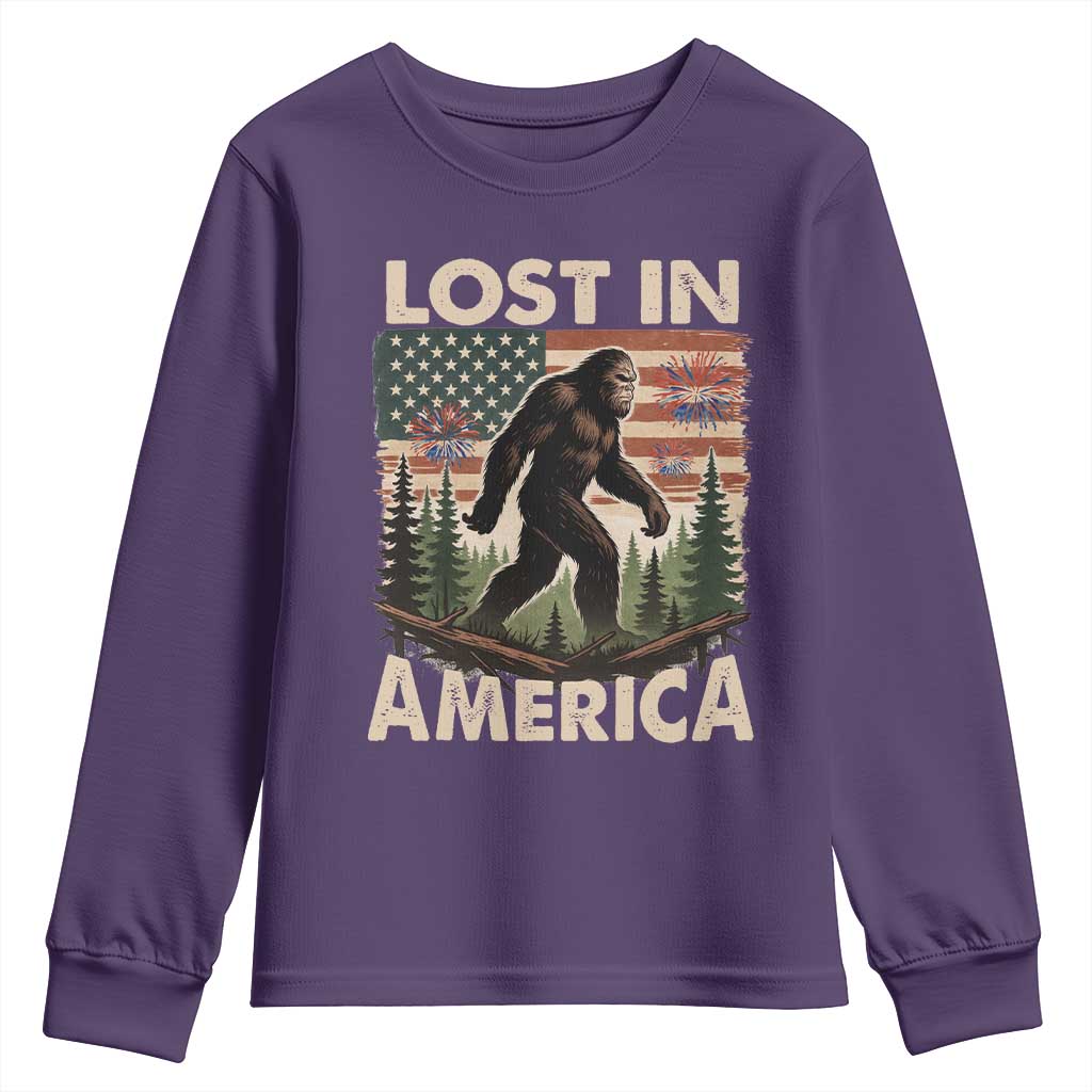 Funny 4th Of July Bigfoot Lost In America Youth Sweatshirt Patriotic Sasquatch US Flag Fireworks - Wonder Print Shop