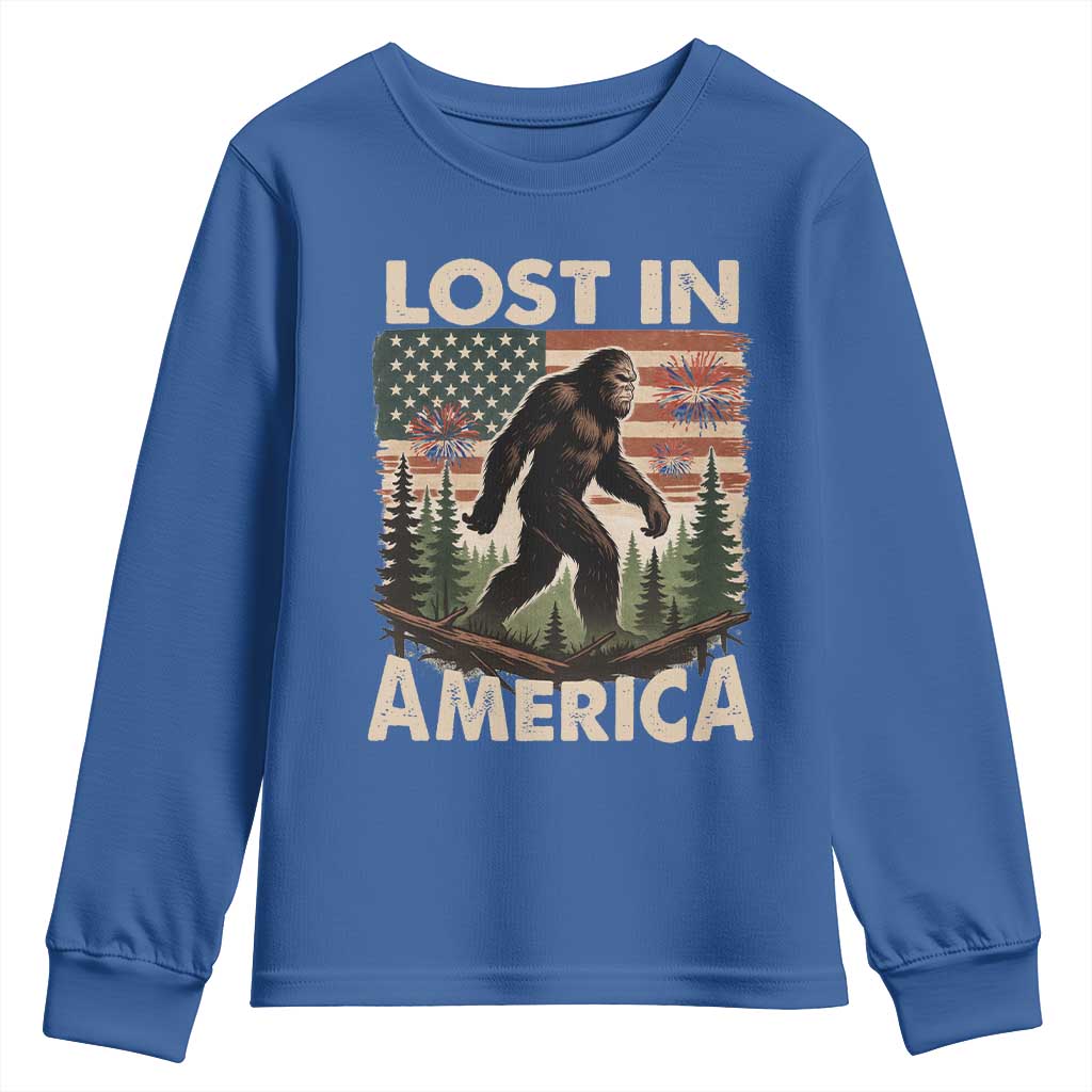 Funny 4th Of July Bigfoot Lost In America Youth Sweatshirt Patriotic Sasquatch US Flag Fireworks - Wonder Print Shop