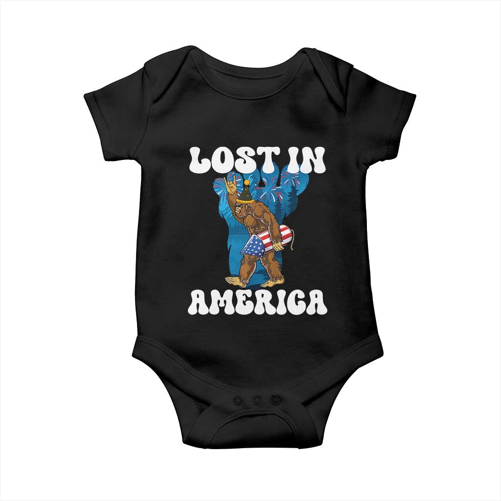 Funny 4th Of July Bigfoot Lost In America Baby Onesie Patriotic Sasquatch Rocket Footprint Fireworks - Wonder Print Shop