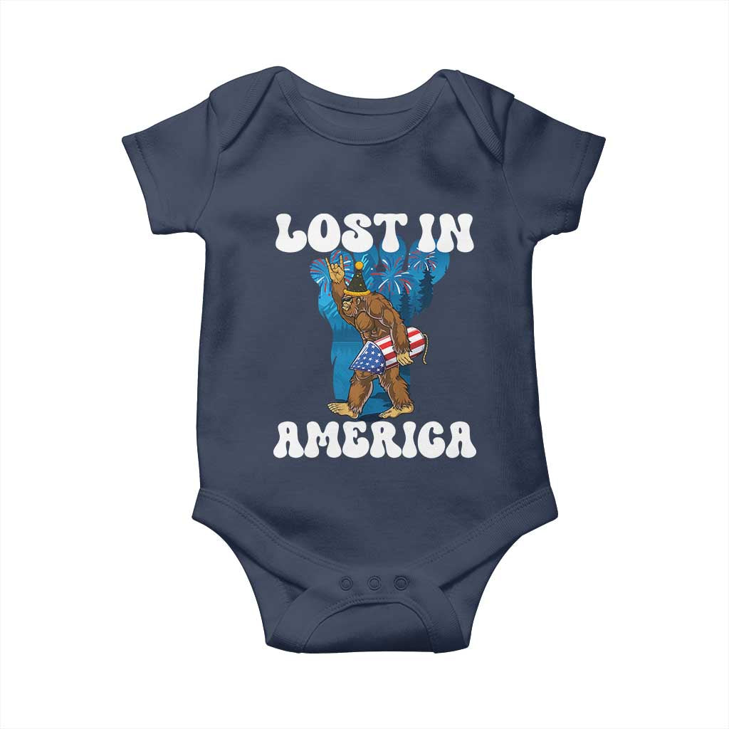 Funny 4th Of July Bigfoot Lost In America Baby Onesie Patriotic Sasquatch Rocket Footprint Fireworks - Wonder Print Shop