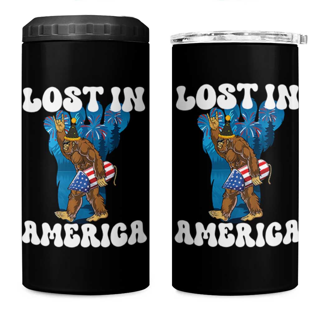 Funny 4th Of July Bigfoot Lost In America 4 in 1 Can Cooler Tumbler Patriotic Sasquatch Rocket Footprint Fireworks - Wonder Print Shop