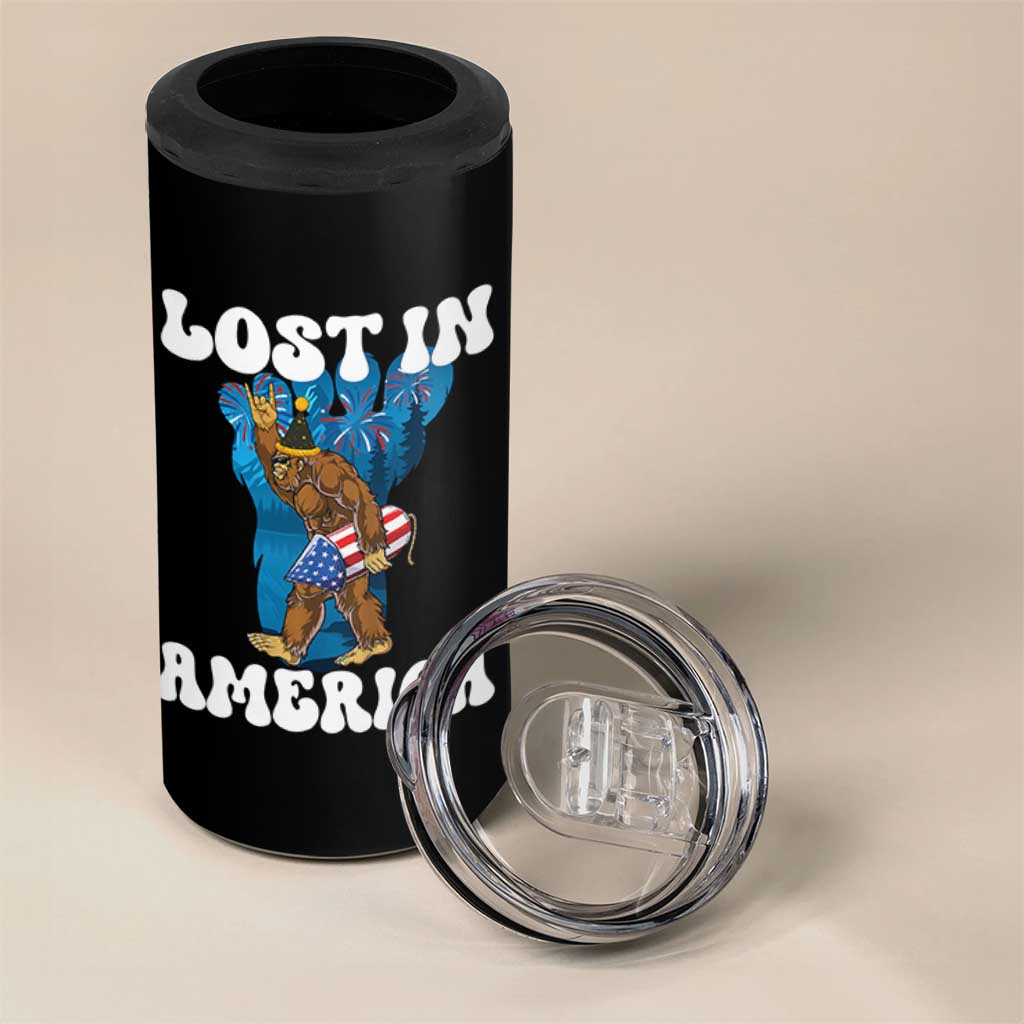 Funny 4th Of July Bigfoot Lost In America 4 in 1 Can Cooler Tumbler Patriotic Sasquatch Rocket Footprint Fireworks - Wonder Print Shop