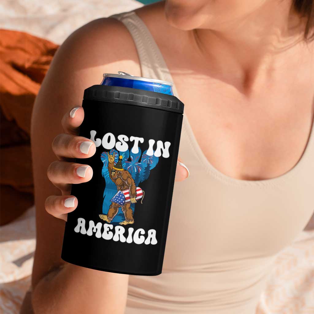 Funny 4th Of July Bigfoot Lost In America 4 in 1 Can Cooler Tumbler Patriotic Sasquatch Rocket Footprint Fireworks - Wonder Print Shop