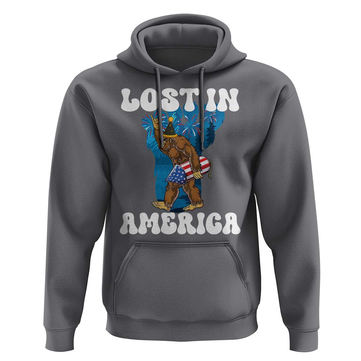 Funny 4th Of July Bigfoot Lost In America Hoodie Patriotic Sasquatch Rocket Footprint Fireworks - Wonder Print Shop