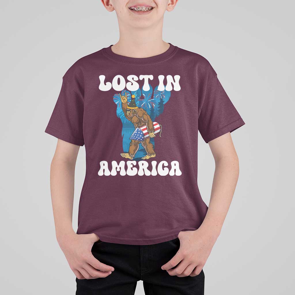 Funny 4th Of July Bigfoot Lost In America T Shirt For Kid Patriotic Sasquatch Rocket Footprint Fireworks - Wonder Print Shop