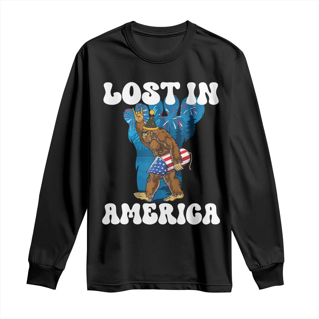 Funny 4th Of July Bigfoot Lost In America Long Sleeve Shirt Patriotic Sasquatch Rocket Footprint Fireworks - Wonder Print Shop