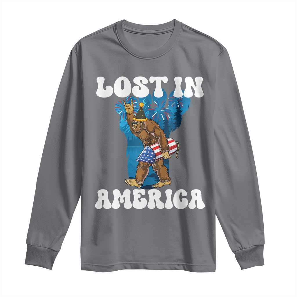 Funny 4th Of July Bigfoot Lost In America Long Sleeve Shirt Patriotic Sasquatch Rocket Footprint Fireworks - Wonder Print Shop