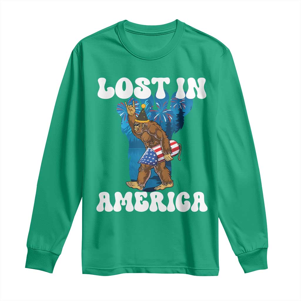 Funny 4th Of July Bigfoot Lost In America Long Sleeve Shirt Patriotic Sasquatch Rocket Footprint Fireworks - Wonder Print Shop