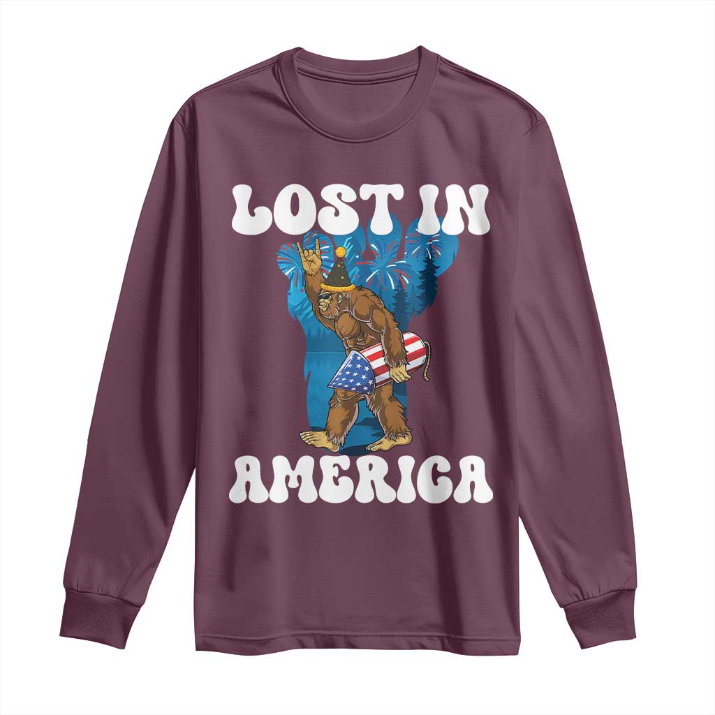 Funny 4th Of July Bigfoot Lost In America Long Sleeve Shirt Patriotic Sasquatch Rocket Footprint Fireworks - Wonder Print Shop