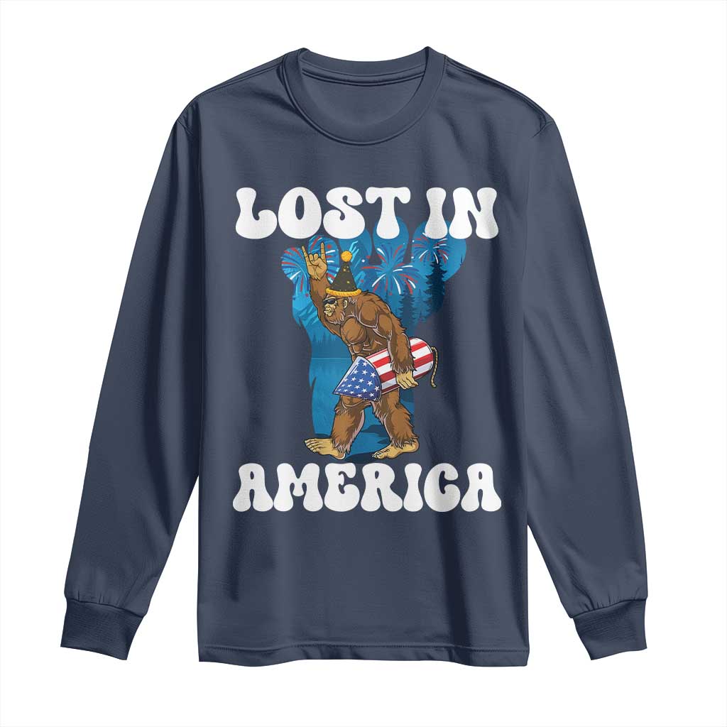 Funny 4th Of July Bigfoot Lost In America Long Sleeve Shirt Patriotic Sasquatch Rocket Footprint Fireworks - Wonder Print Shop