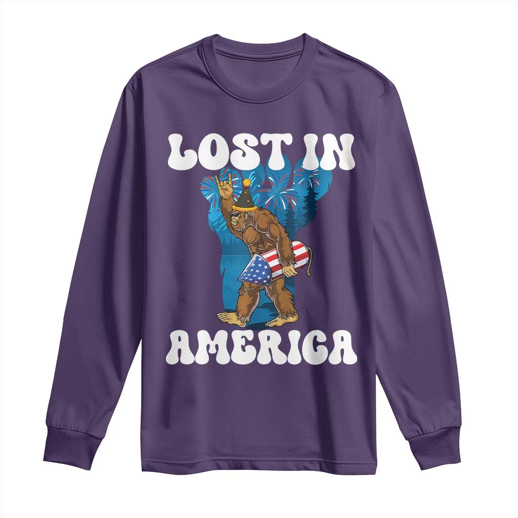Funny 4th Of July Bigfoot Lost In America Long Sleeve Shirt Patriotic Sasquatch Rocket Footprint Fireworks - Wonder Print Shop