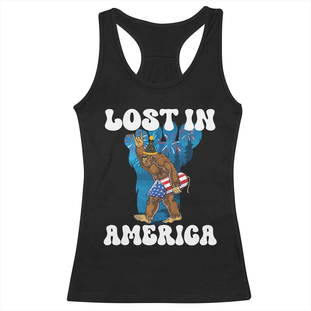 Funny 4th Of July Bigfoot Lost In America Racerback Tank Top Patriotic Sasquatch Rocket Footprint Fireworks - Wonder Print Shop
