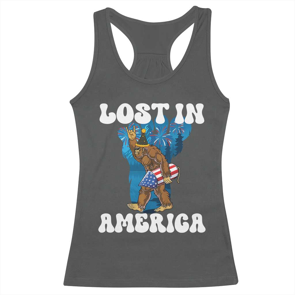 Funny 4th Of July Bigfoot Lost In America Racerback Tank Top Patriotic Sasquatch Rocket Footprint Fireworks - Wonder Print Shop