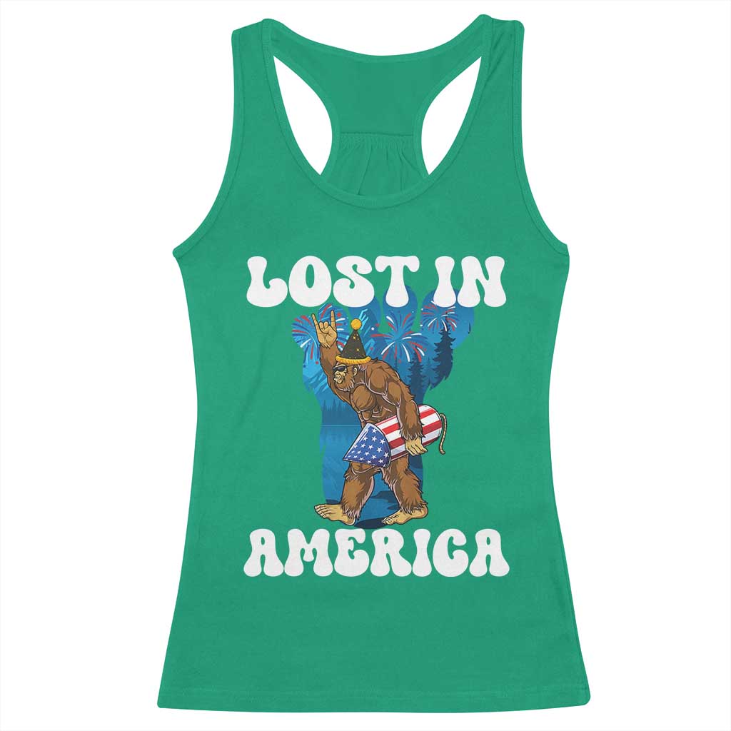 Funny 4th Of July Bigfoot Lost In America Racerback Tank Top Patriotic Sasquatch Rocket Footprint Fireworks - Wonder Print Shop