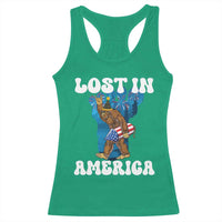 Funny 4th Of July Bigfoot Lost In America Racerback Tank Top Patriotic Sasquatch Rocket Footprint Fireworks - Wonder Print Shop