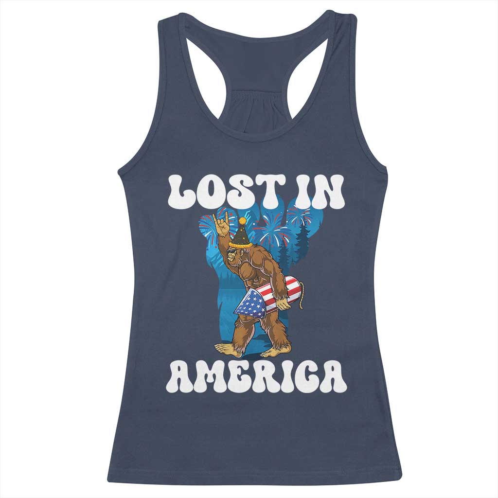 Funny 4th Of July Bigfoot Lost In America Racerback Tank Top Patriotic Sasquatch Rocket Footprint Fireworks - Wonder Print Shop