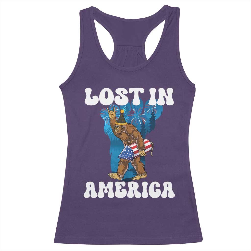 Funny 4th Of July Bigfoot Lost In America Racerback Tank Top Patriotic Sasquatch Rocket Footprint Fireworks - Wonder Print Shop