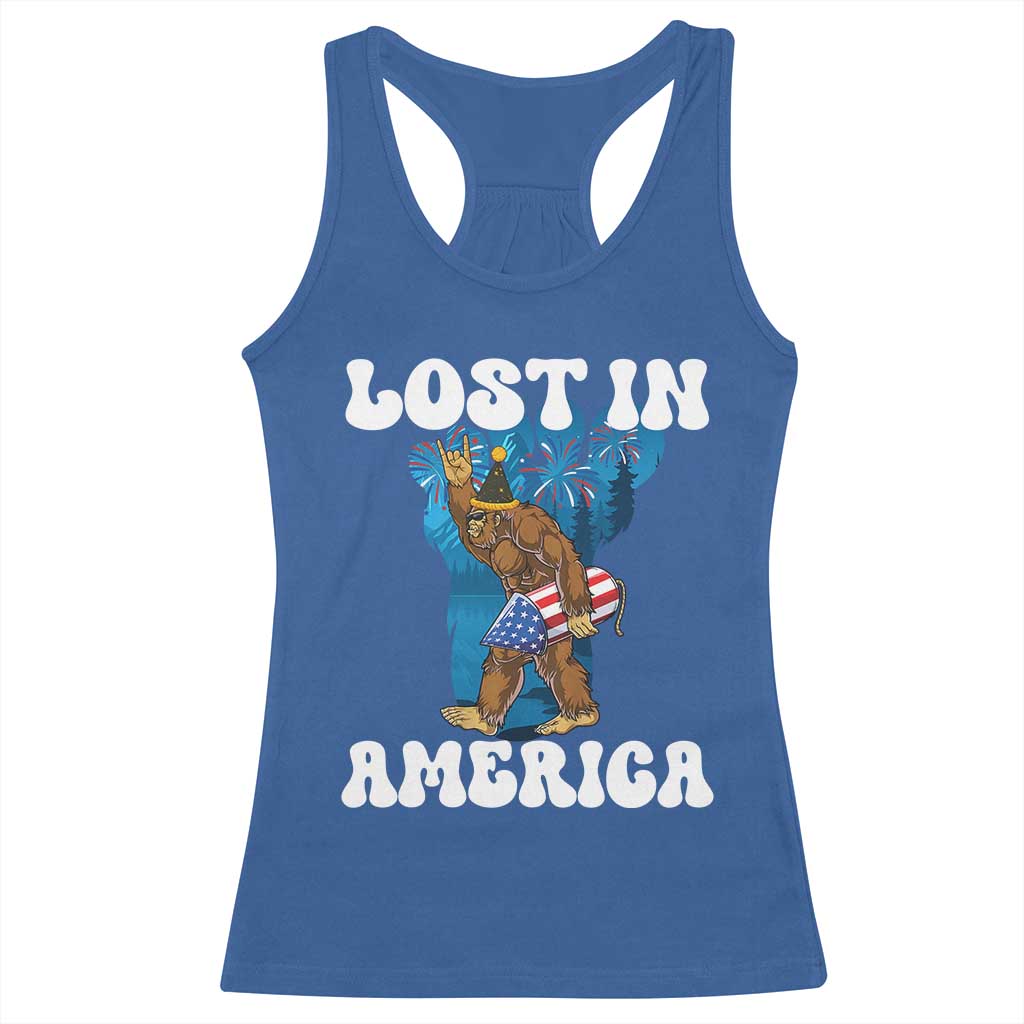 Funny 4th Of July Bigfoot Lost In America Racerback Tank Top Patriotic Sasquatch Rocket Footprint Fireworks - Wonder Print Shop