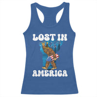 Funny 4th Of July Bigfoot Lost In America Racerback Tank Top Patriotic Sasquatch Rocket Footprint Fireworks - Wonder Print Shop