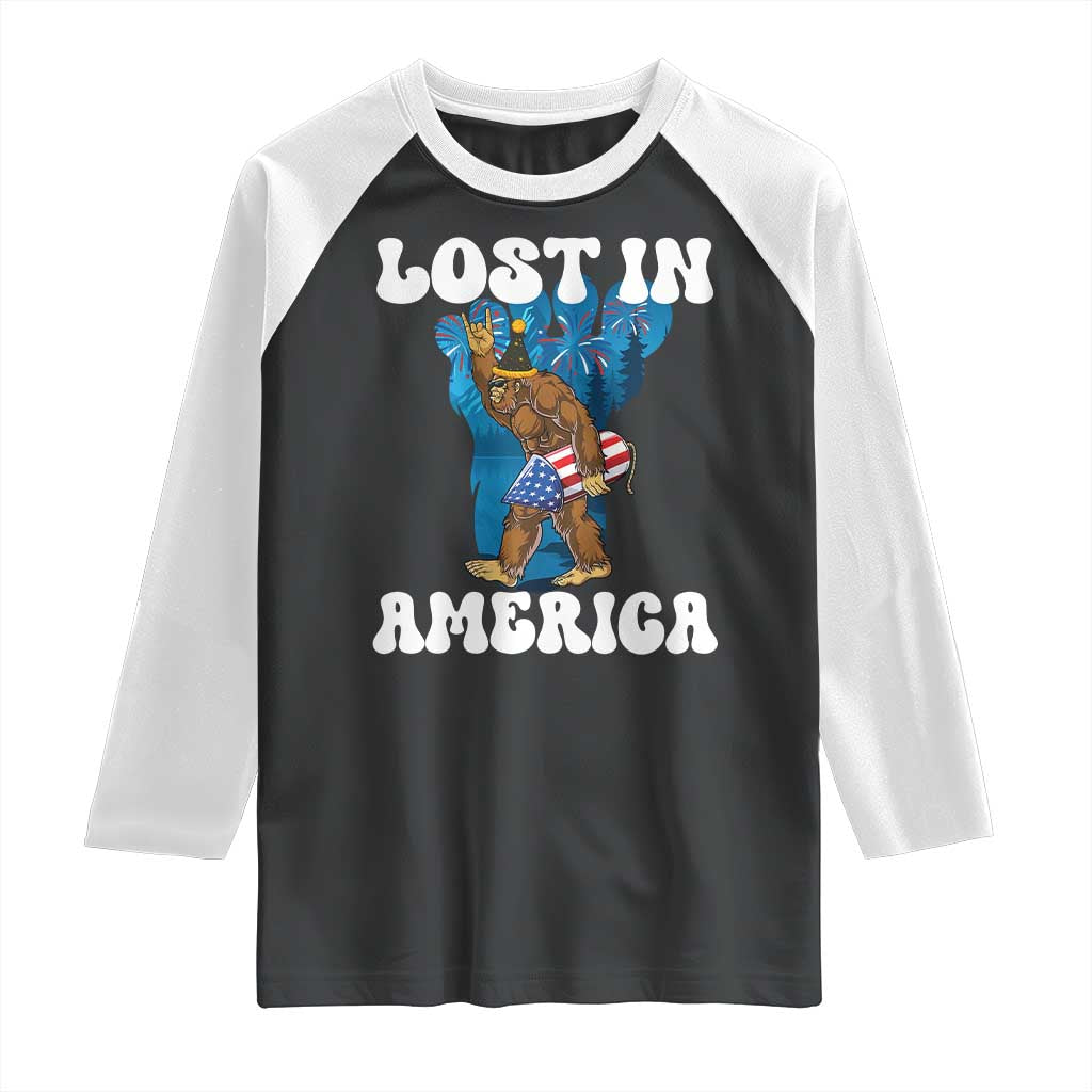 Funny 4th Of July Bigfoot Lost In America Raglan Shirt Patriotic Sasquatch Rocket Footprint Fireworks - Wonder Print Shop