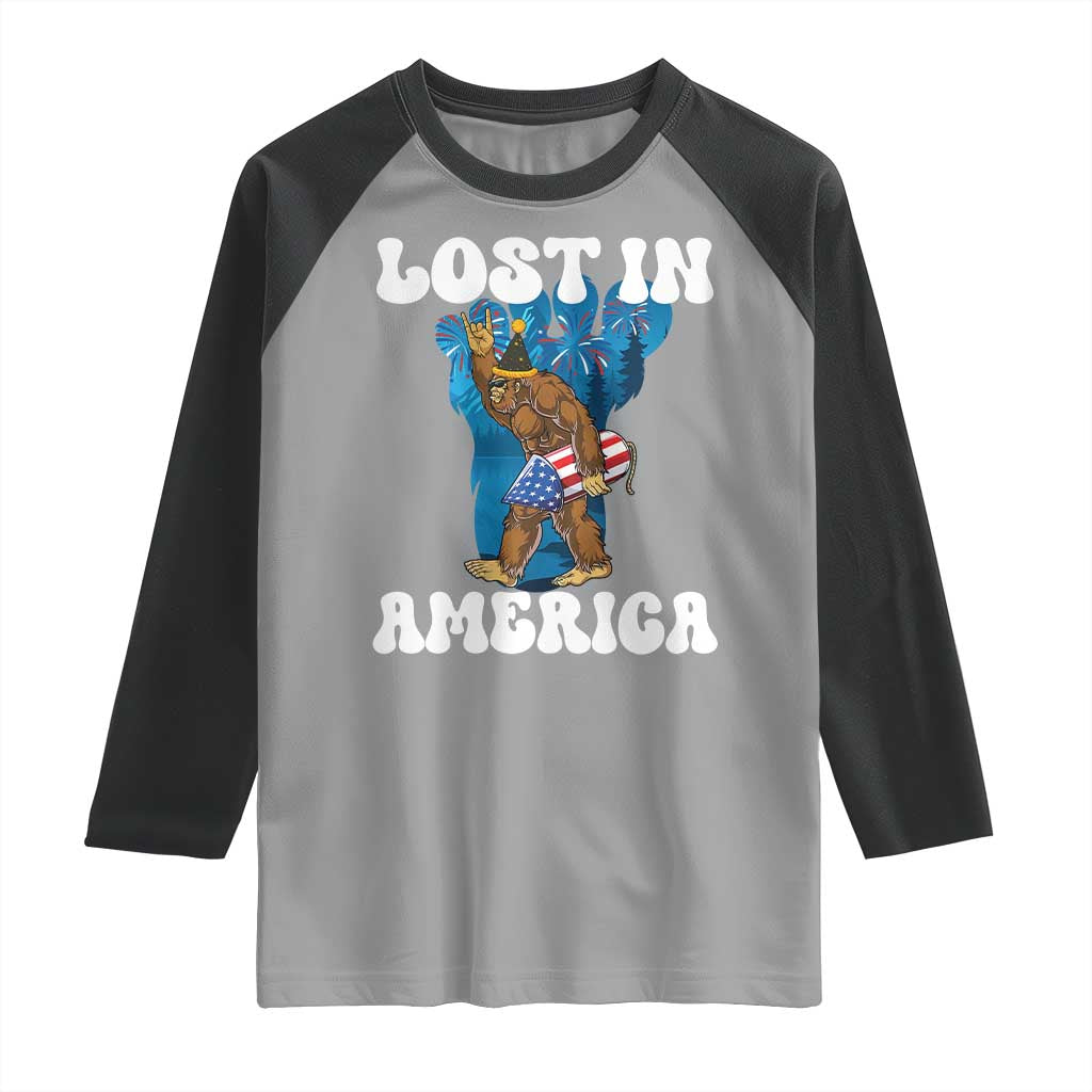 Funny 4th Of July Bigfoot Lost In America Raglan Shirt Patriotic Sasquatch Rocket Footprint Fireworks - Wonder Print Shop