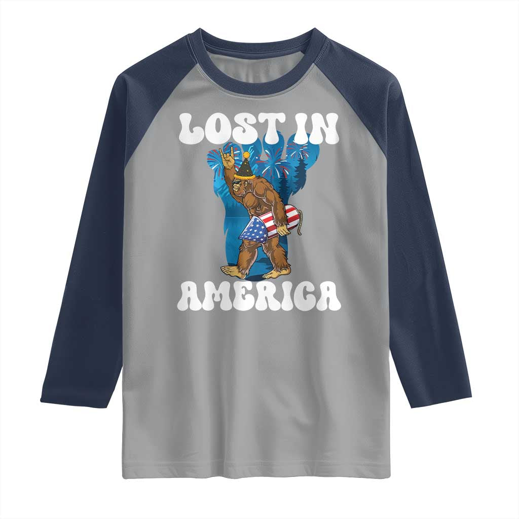 Funny 4th Of July Bigfoot Lost In America Raglan Shirt Patriotic Sasquatch Rocket Footprint Fireworks - Wonder Print Shop