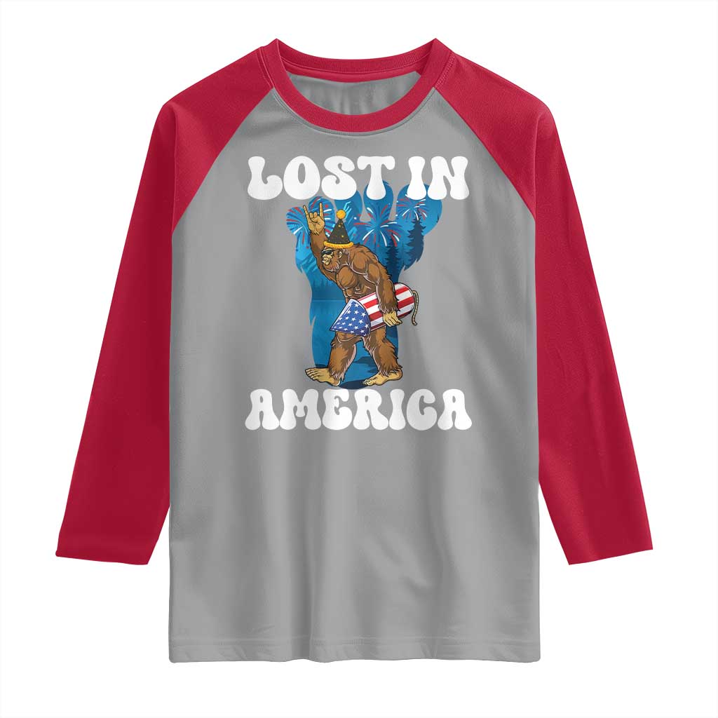 Funny 4th Of July Bigfoot Lost In America Raglan Shirt Patriotic Sasquatch Rocket Footprint Fireworks - Wonder Print Shop