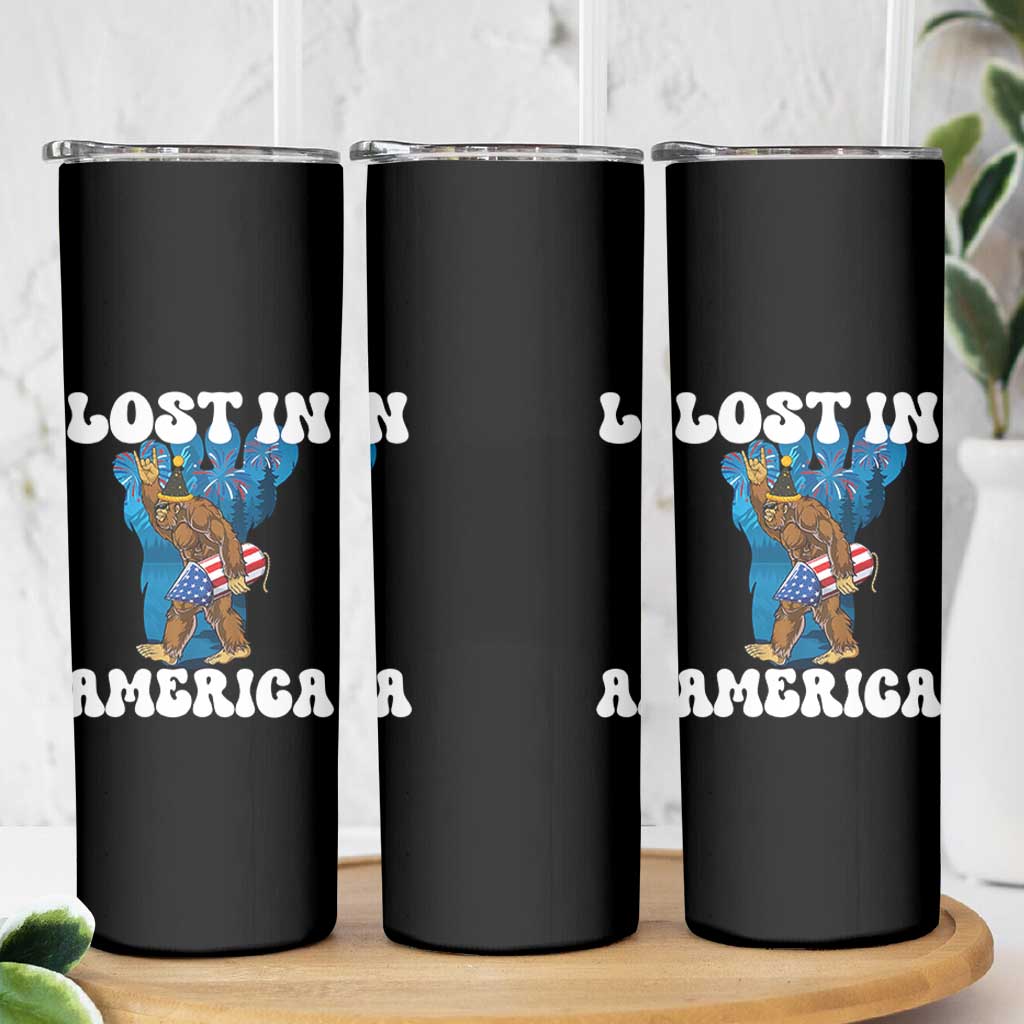 Funny 4th Of July Bigfoot Lost In America Skinny Tumbler Patriotic Sasquatch Rocket Footprint Fireworks - Wonder Print Shop