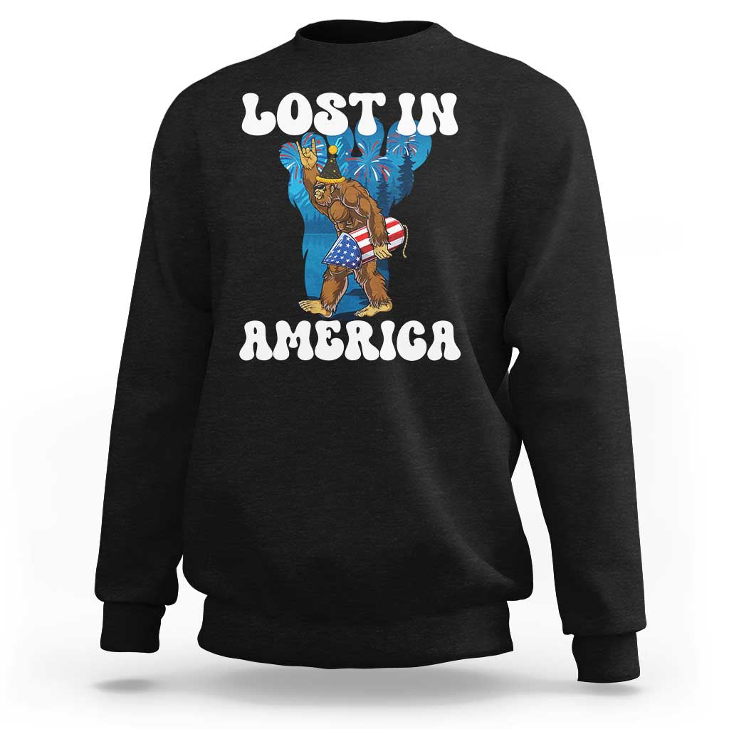 Funny 4th Of July Bigfoot Lost In America Sweatshirt Patriotic Sasquatch Rocket Footprint Fireworks - Wonder Print Shop