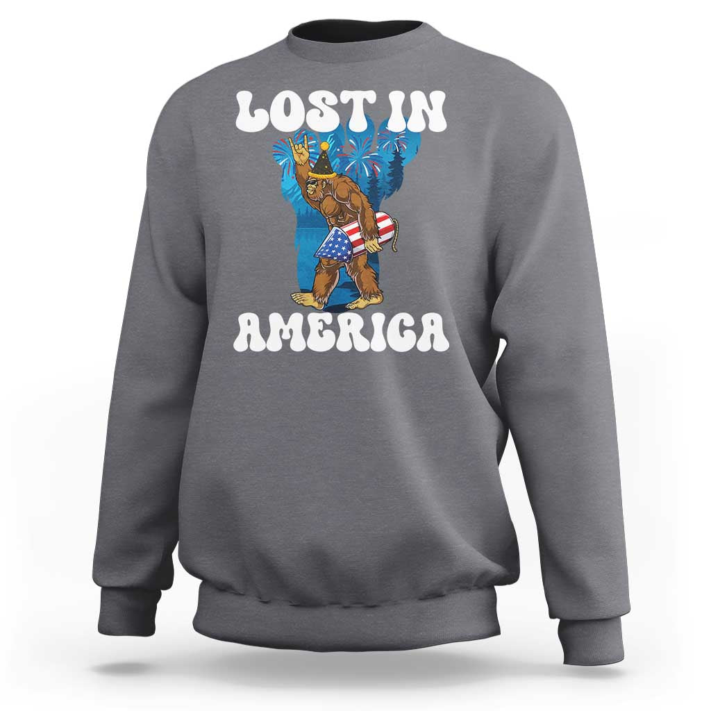 Funny 4th Of July Bigfoot Lost In America Sweatshirt Patriotic Sasquatch Rocket Footprint Fireworks - Wonder Print Shop