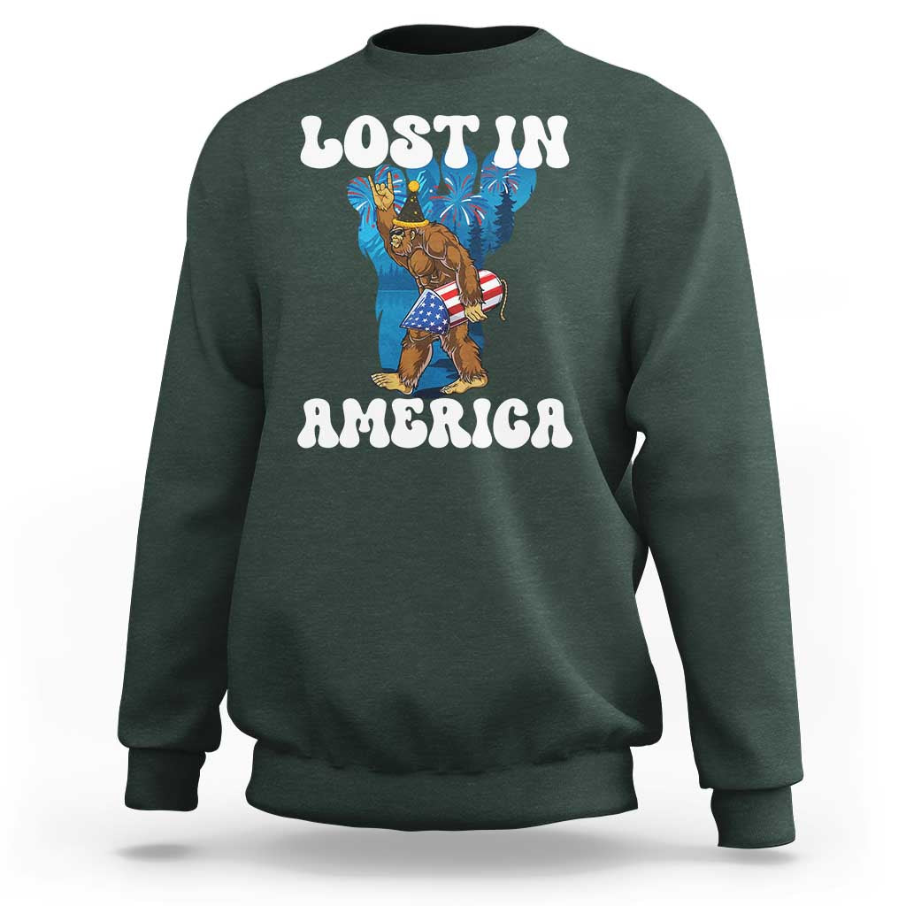 Funny 4th Of July Bigfoot Lost In America Sweatshirt Patriotic Sasquatch Rocket Footprint Fireworks - Wonder Print Shop