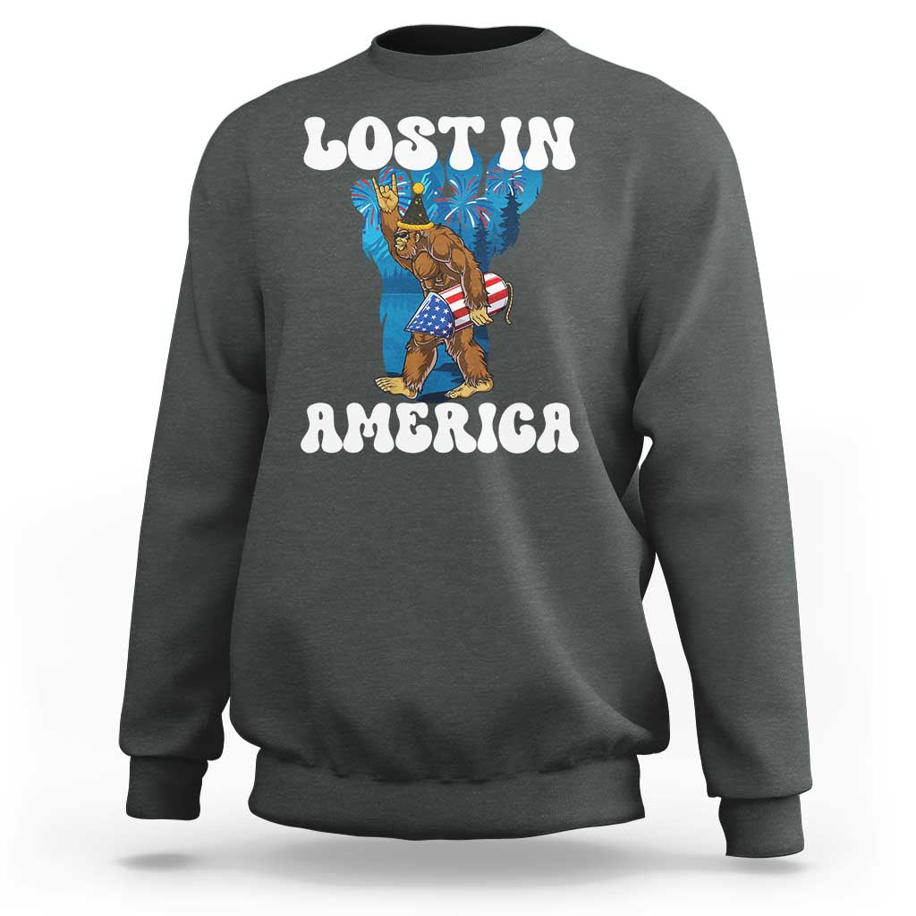 Funny 4th Of July Bigfoot Lost In America Sweatshirt Patriotic Sasquatch Rocket Footprint Fireworks - Wonder Print Shop