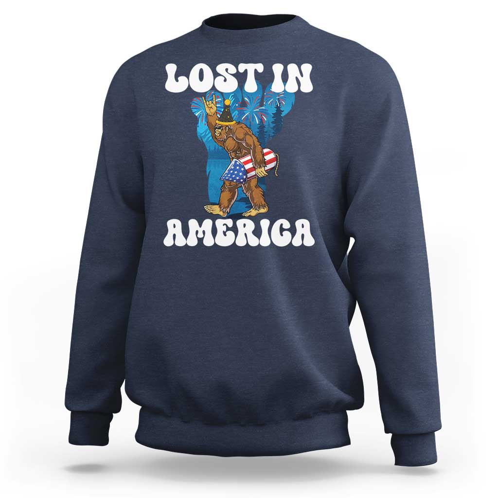 Funny 4th Of July Bigfoot Lost In America Sweatshirt Patriotic Sasquatch Rocket Footprint Fireworks - Wonder Print Shop
