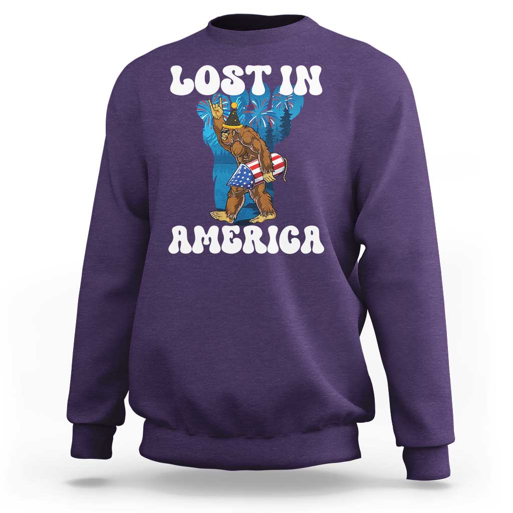 Funny 4th Of July Bigfoot Lost In America Sweatshirt Patriotic Sasquatch Rocket Footprint Fireworks - Wonder Print Shop