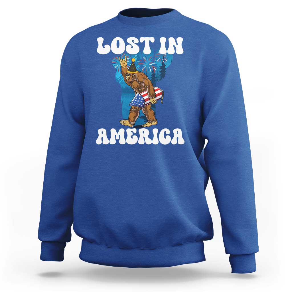 Funny 4th Of July Bigfoot Lost In America Sweatshirt Patriotic Sasquatch Rocket Footprint Fireworks - Wonder Print Shop