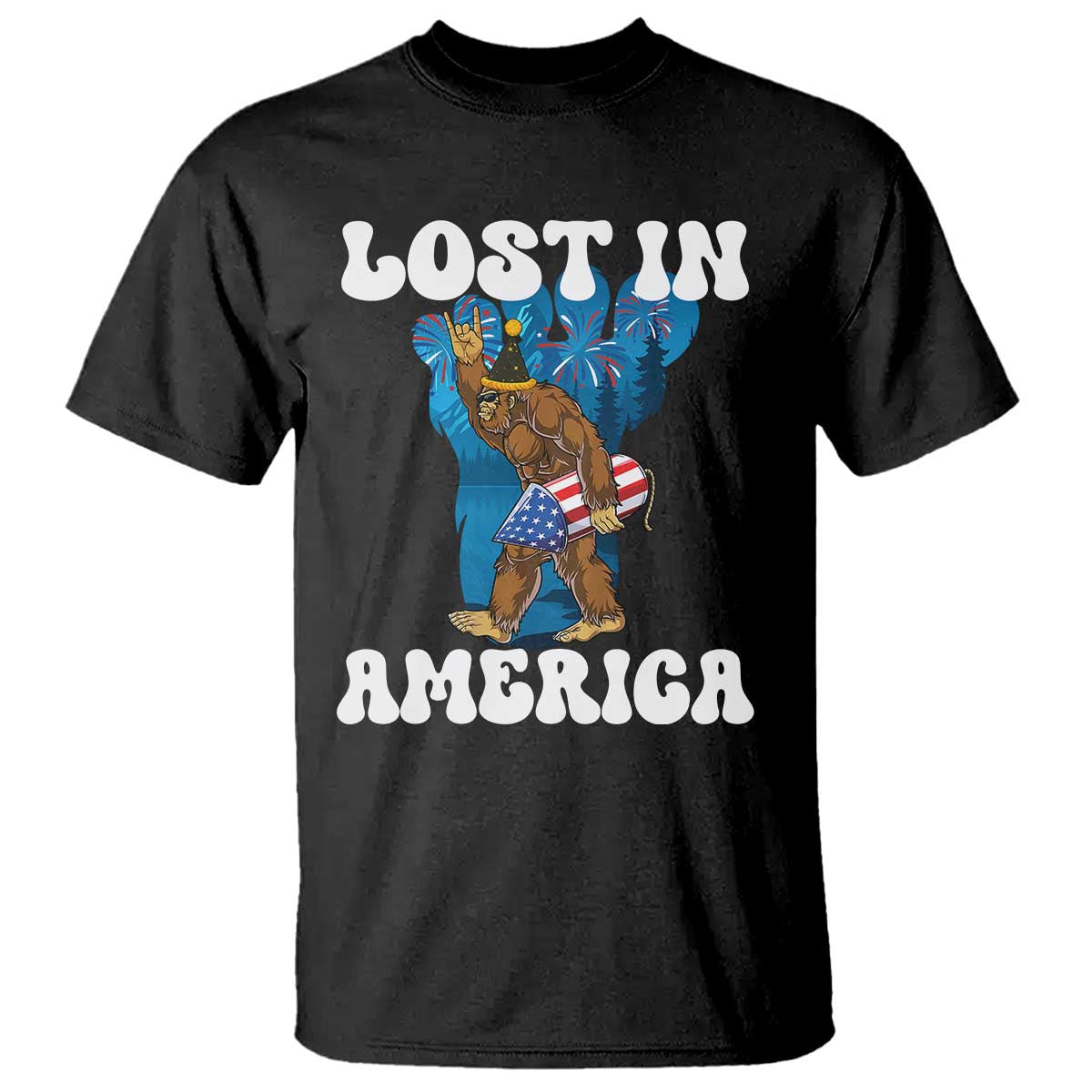 Funny 4th Of July Bigfoot Lost In America T Shirt Patriotic Sasquatch Rocket Footprint Fireworks - Wonder Print Shop