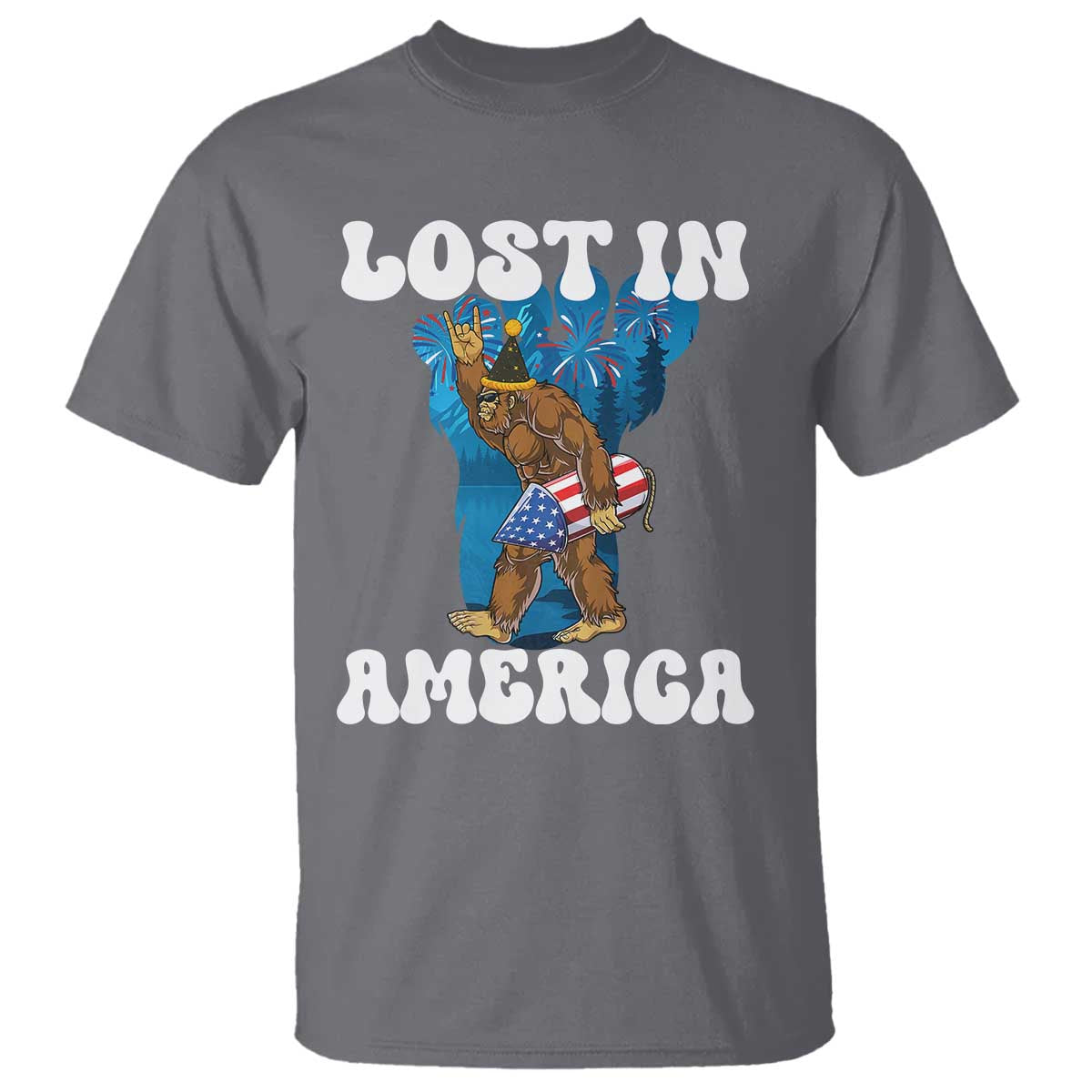 Funny 4th Of July Bigfoot Lost In America T Shirt Patriotic Sasquatch Rocket Footprint Fireworks - Wonder Print Shop