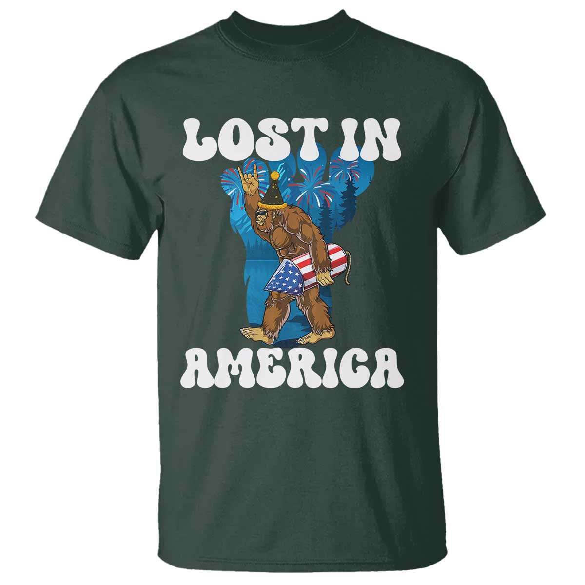 Funny 4th Of July Bigfoot Lost In America T Shirt Patriotic Sasquatch Rocket Footprint Fireworks - Wonder Print Shop