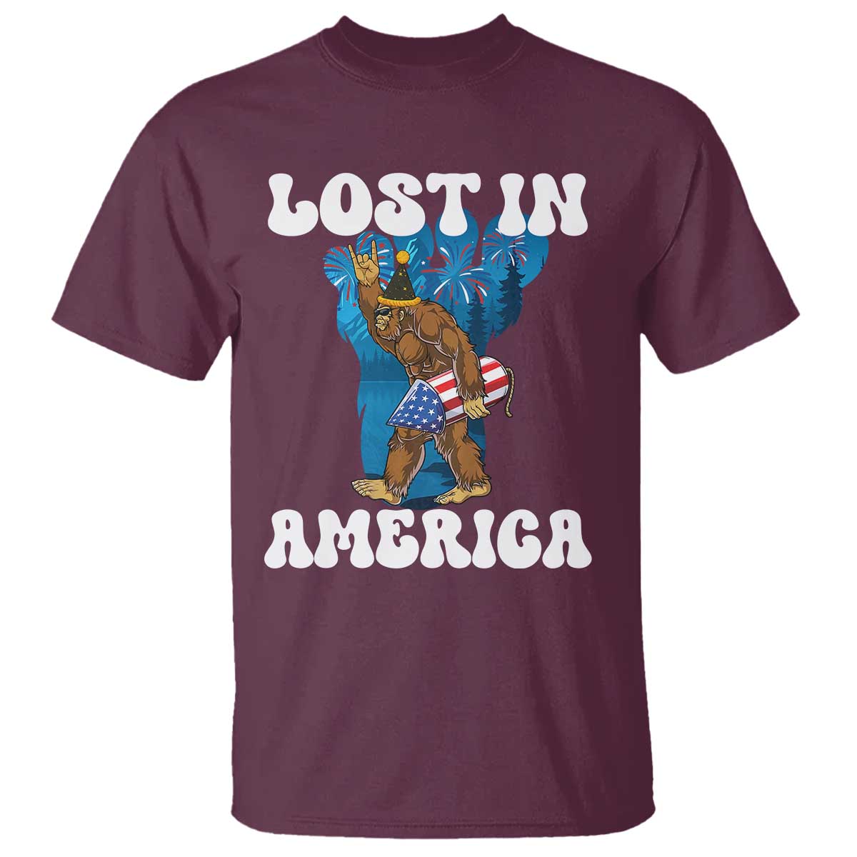Funny 4th Of July Bigfoot Lost In America T Shirt Patriotic Sasquatch Rocket Footprint Fireworks - Wonder Print Shop