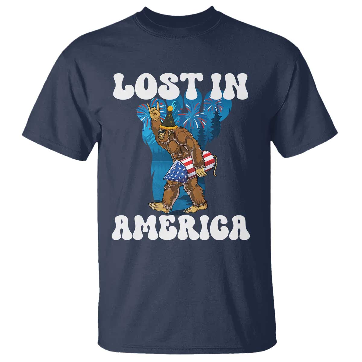 Funny 4th Of July Bigfoot Lost In America T Shirt Patriotic Sasquatch Rocket Footprint Fireworks - Wonder Print Shop
