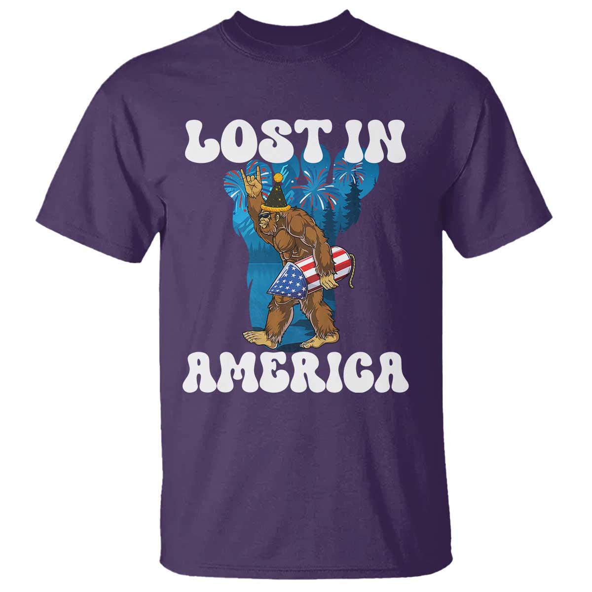Funny 4th Of July Bigfoot Lost In America T Shirt Patriotic Sasquatch Rocket Footprint Fireworks - Wonder Print Shop