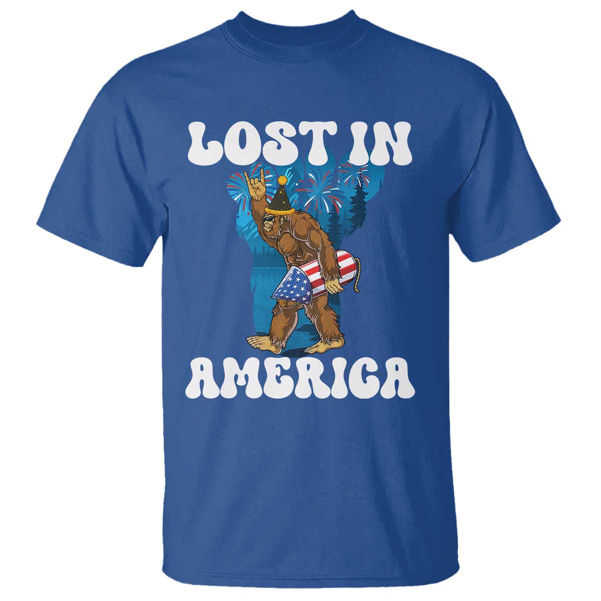 Funny 4th Of July Bigfoot Lost In America T Shirt Patriotic Sasquatch Rocket Footprint Fireworks - Wonder Print Shop