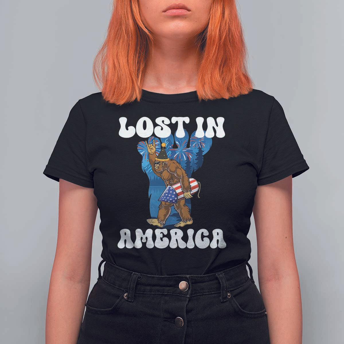 Funny 4th Of July Bigfoot Lost In America T Shirt For Women Patriotic Sasquatch Rocket Footprint Fireworks - Wonder Print Shop